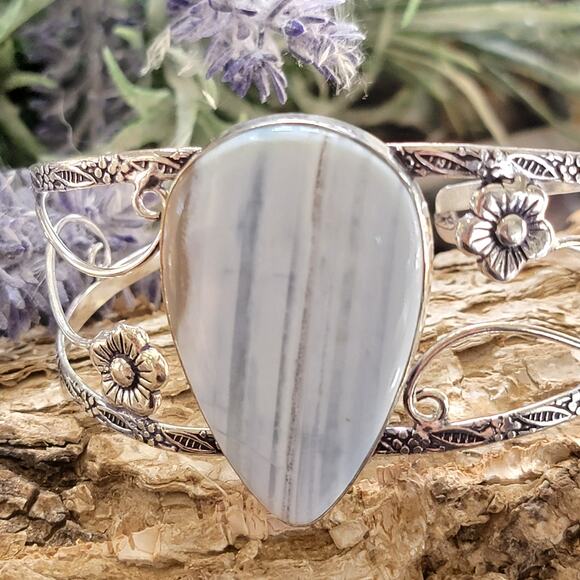 Wide Sterling Silver Cuff, Ocean Whisper Blue Agate Cuff Bracelet - Picture 2 of 10